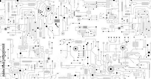 Computer circuit board texture. Technology pattern. Abstract illustration of silicon chip. Digital tech background in white and gray colors.
