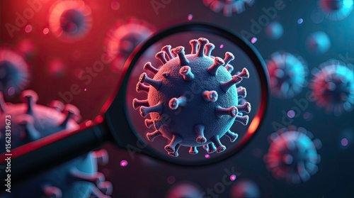 3D illustration of a virus cell viewed through a magnifying glass