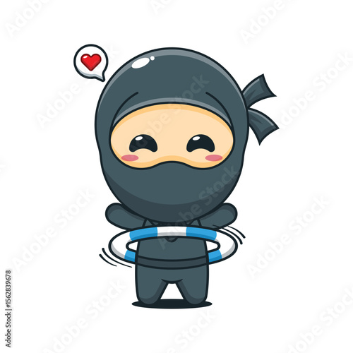 Cute ninja playing hula hoop cartoon vector illustration
