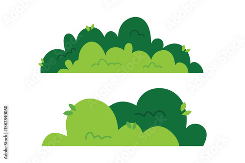 Two stylized, green, cartoonish bushes with varying shades and leaves.