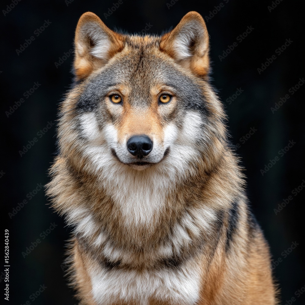 Fototapeta premium Fierce alpha wolf staring intently at the camera with an intense gaze against a solid black background