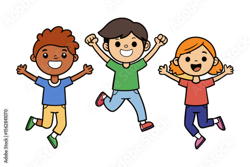 Joyful Leap of Childhood: A vibrant illustration captures three children mid-air, their faces alight with glee and arms triumphantly raised, celebrating the carefree essence of youth.