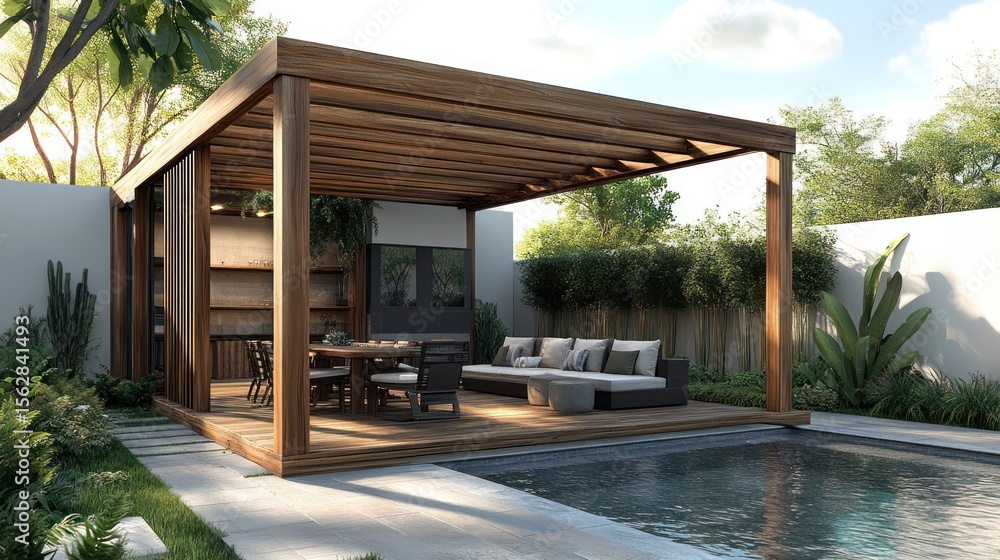 Fototapeta premium Outdoor pergola with dining area and pool