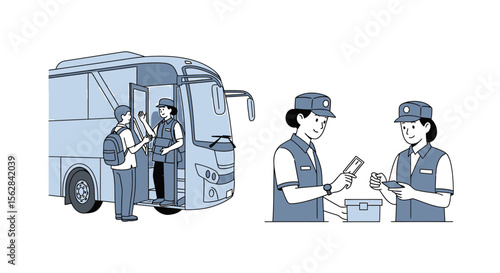 Bus Passenger Boarding and Ticket Purchase Illustration