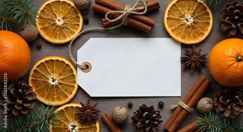 A holiday-themed table setting with dried oranges, pine cones, and cinnamon sticks, representing festive decor and seasonal celebration. A holiday-themed table setting with dried oranges, pine cones, and cinnamon sticks, representing festive decor and seasonal celebration.