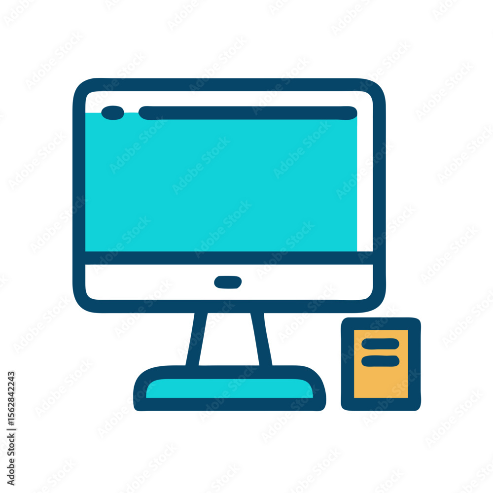 Stylized turquoise desktop computer icon with golden server tower Stylized turquoise desktop computer icon with golden server tower