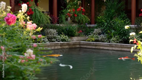 Ornamental pond in lush garden
