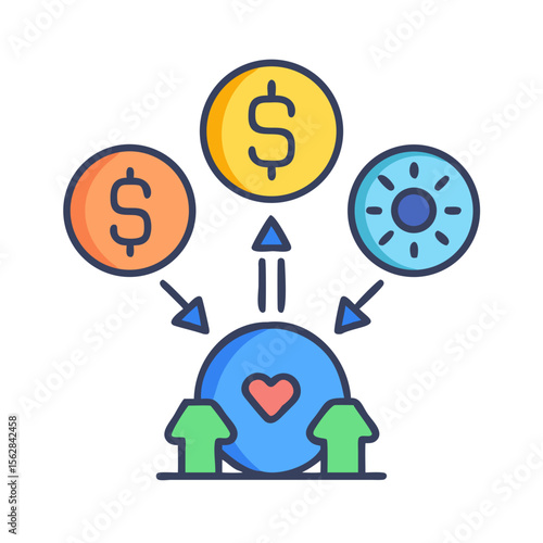 Donations and benefits concept depicted with coins and arrows