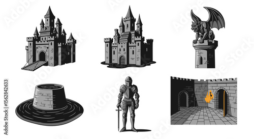 Illustrations of castles, a gargoyle, a well, a knight, and a castle interior scene in black and white