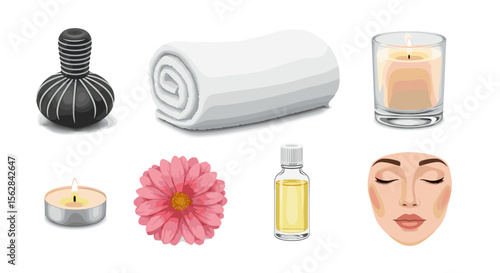 Spa day essentials featuring a massage ball, towel, candles, flower, oil bottle, and a face illustration