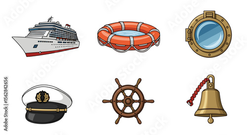 Illustration of a cruise ship, life preserver, porthole, captain's hat, wheel, and bell in cartoon style