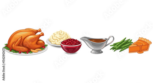 Illustration of a thanksgiving dinner featuring turkey, mashed potatoes, pie and green beans dish