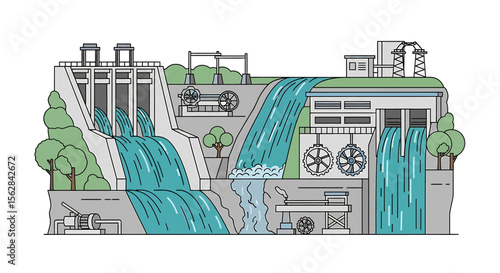 Detailed Illustration of a Hydroelectric Dam Complex