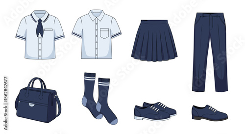 Illustration of a school uniform including shirts, skirt, pants, socks, shoes, and a bag set up neatly