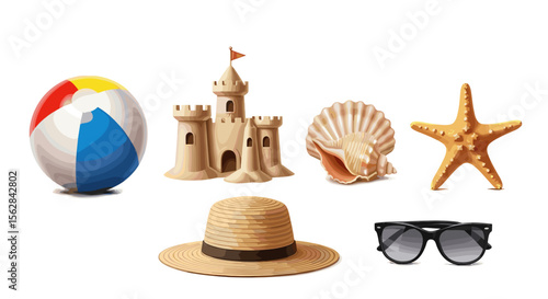 A beach ball sandcastle shell starfish straw hat and sunglasses on a white background are pictured here