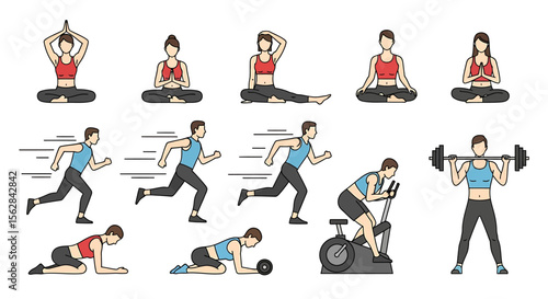 Diverse fitness activities: Yoga poses, running strides, weightlifting, and floor exercises