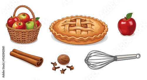 Still life composition featuring a basket of apples pie cinnamon sticks and baking preparation items