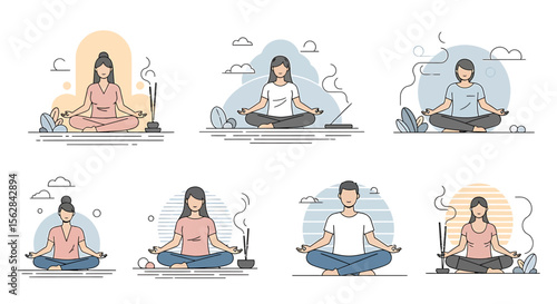 Diverse group of people meditating in lotus position with various backgrounds