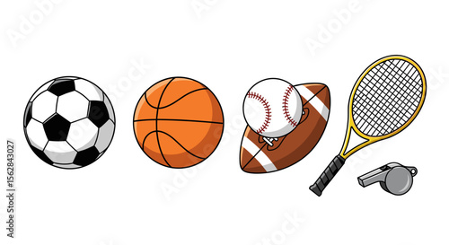 An illustration of various sports equipment arranged in a line including balls and a tennis racket