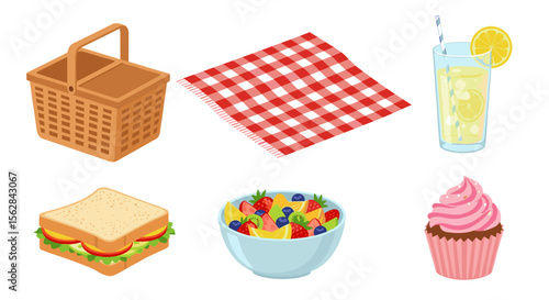 A picnic scene featuring a basket, blanket, drink, sandwich, fruit salad, and a cupcake item display