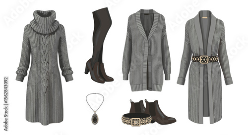 Display of gray knitted dress, cardigans, boots, necklace, and bracelet on a white background