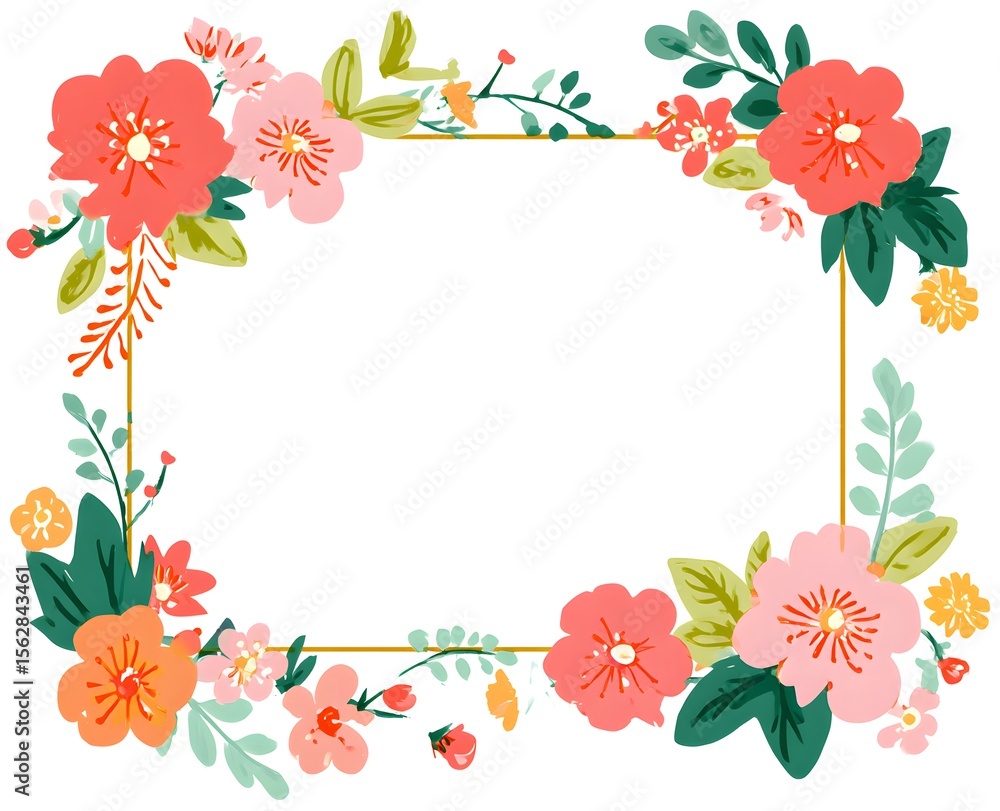 Vector illustration of a floral frame with a blank white background, a simple flat design, colorful, cute, in a doodle style, hand-drawn, with a white background and white space in the center, Vector illustration of a floral frame with a blank white background, a simple flat design, colorful, cute, in a doodle style, hand-drawn, with a white background and white space in the center,
