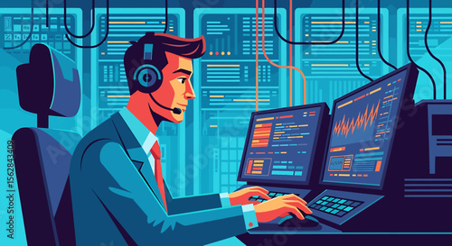 Focused IT Professional Monitoring Data on Dual Screens in a Server Room