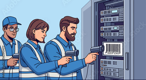Focused Team Scanning Server Rack Barcode with Handheld Scanners