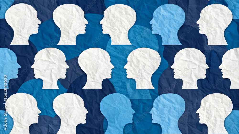 Fototapeta premium Job labor employment, unemployment. Silhouette head profile paper texture blue pattern background abstract human shapes repeat . Hiring rate, economic growth, opening workforce market