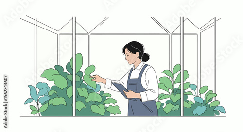 Greenhouse Gardener Examining Lush Plants in a Calm Setting
