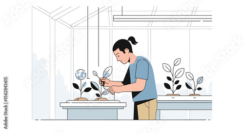 Gardener tending plants in a greenhouse, focused on plant care.