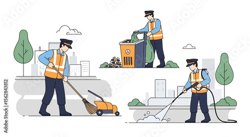 Illustrated City Workers Performing Cleaning Tasks with Various Equipment.