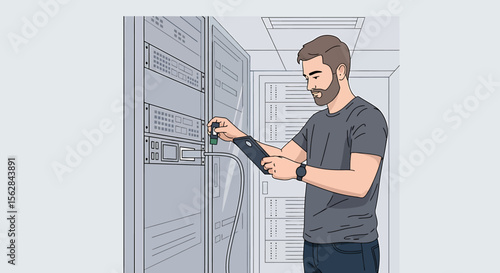 Illustrated IT Technician Connecting a Green USB Drive to a Server Rack