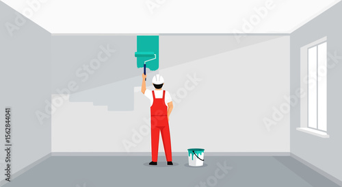 Interior Room Painting Scene with Worker and Teal Paint