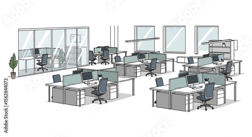 Isometric Office Space with Desks, Chairs, Computers, and Glass-Walled Conference Room