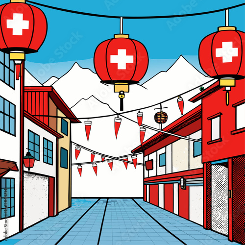 Charming swiss street scene with red and white hanging lanterns