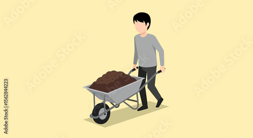 Man Pushing a Wheelbarrow Full of Soil in a Simple Illustration