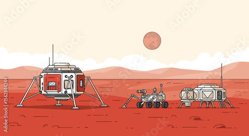 Mars Exploration: Futuristic Rovers and Landing Modules on Red Planet Surface