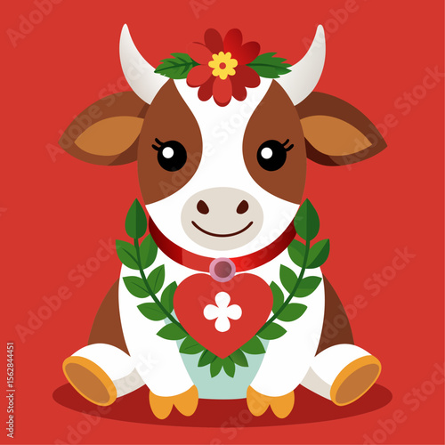 Charming swiss cow wearing a floral wreath and bell representing nature and tradition