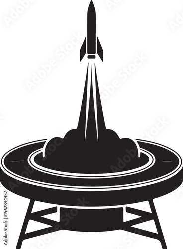 Rocket launching from a platform with smoke and flames silhouette