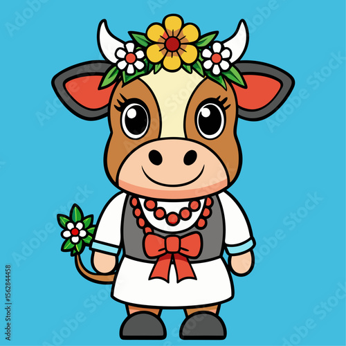 Charming swiss cow adorned with a floral wreath and bell perfect for national celebrations