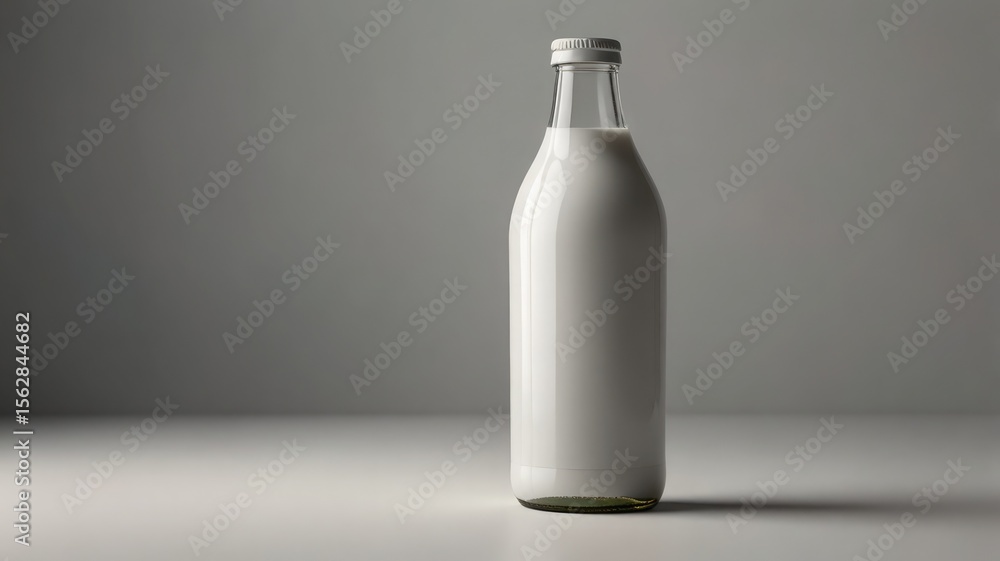 A glass milk bottle, full of white liquid, against a plain gray background. A glass milk bottle, full of white liquid, against a plain gray background.