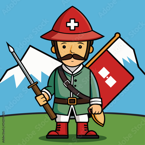Historic swiss soldiers reenactment illustration with traditional attire and weapons