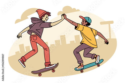 Skateboarding High Five: Two friend exchange a high five while skateboarding in an urban landscape, showcasing the thrill and excitement.