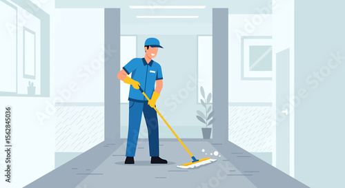Smiling Janitor Mopping Hallway with Yellow Gloves and Blue Uniform