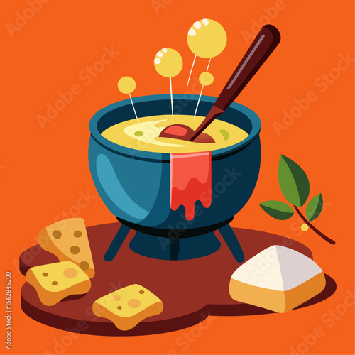 Delicious swiss fondue with crusty bread and melting cheese