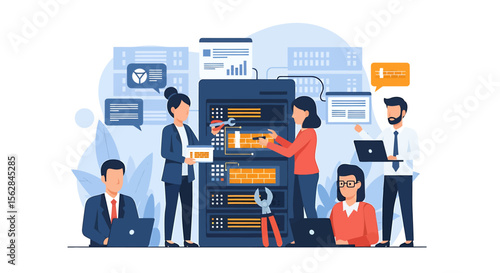 Team of IT Professionals Repairing a Server Rack with Tools and Laptops