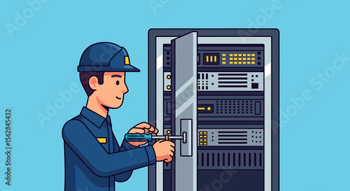 Technician Using Screwdriver on Server Rack Door
