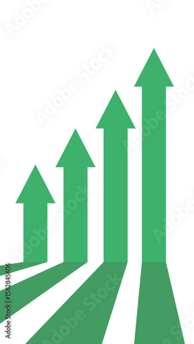 4 green business arrows in a row pointing up in vertical format