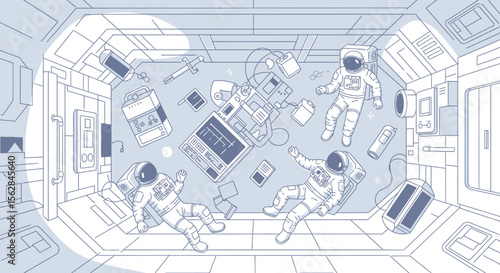 Weightless Astronauts and Floating Equipment in Spacecraft Cabin